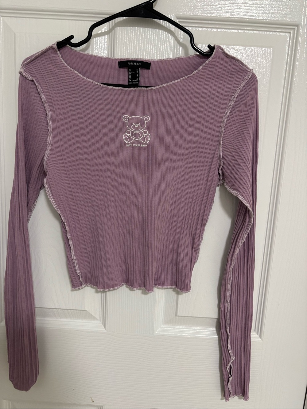 Forever 21 Lavender Ribbed Long Sleeve Tee with White Teddy Detail